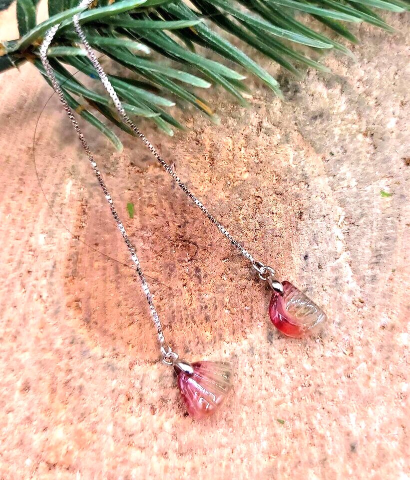 Premium Grade Nature Watermelon Tourmaline Hand Carved Comb &Shell S925 Earring