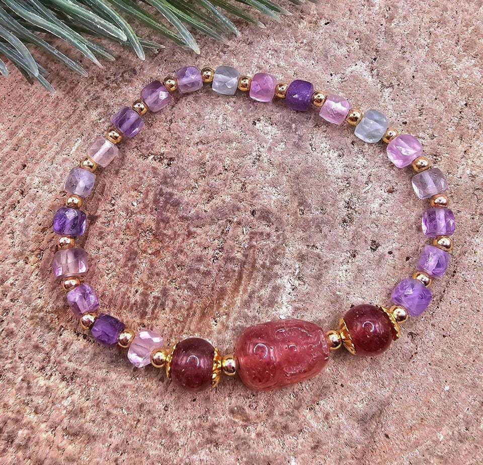 Nature Mixed Colors Fluorite Strawberry Quartz Pi Xiu Bracelet