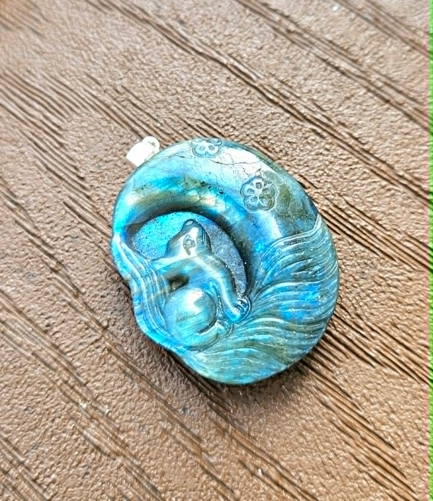 Labradorite nine tails fox and moon pendant necklace close-up — My Aura Gemstones