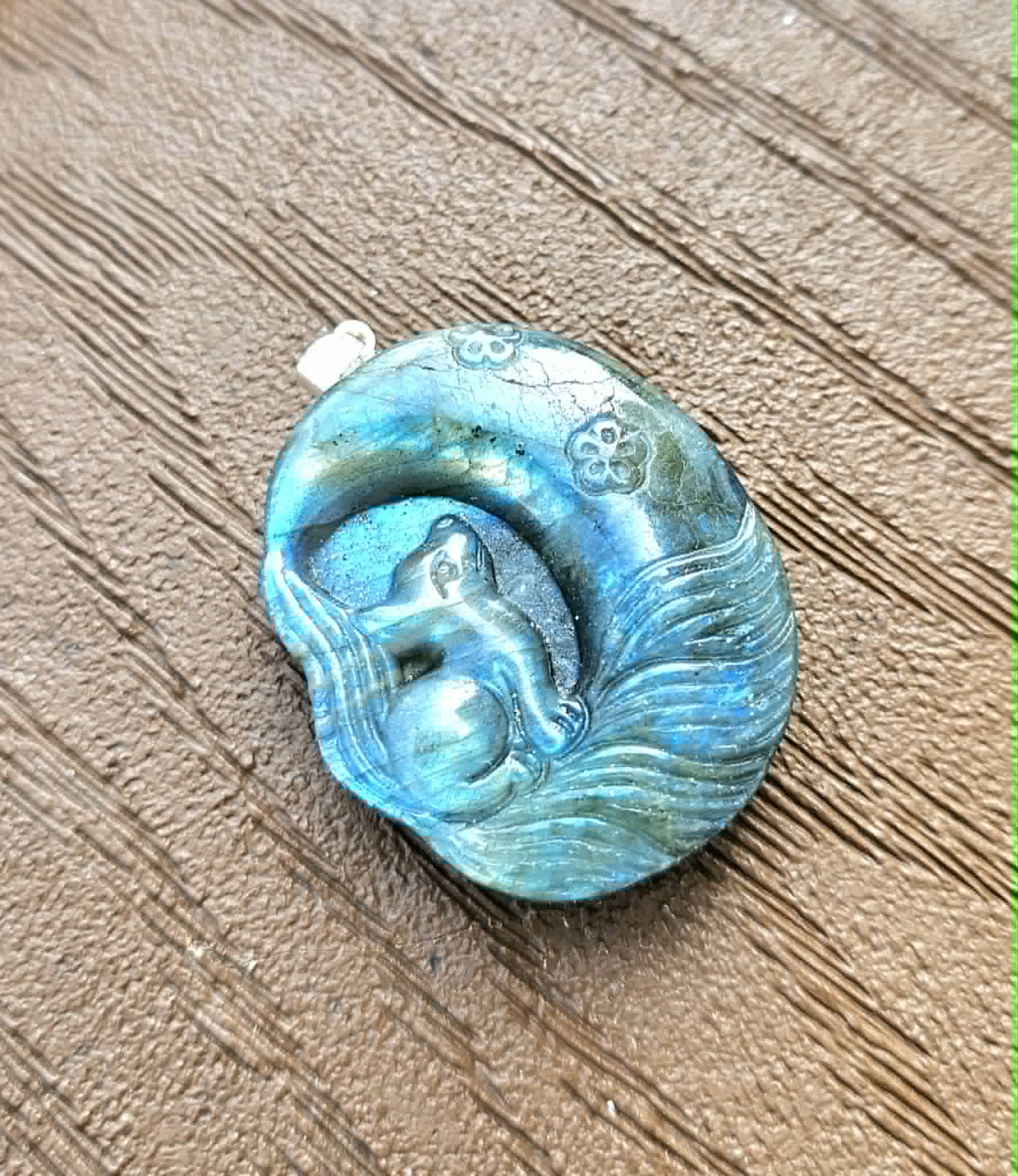 Labradorite nine tails fox and moon pendant necklace close-up — My Aura Gemstones