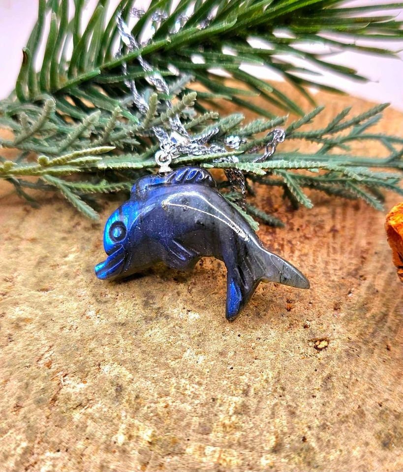Nature Labradorite Carved Flashy Cute Dolphin Pendant Necklace