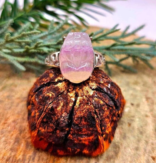 Nature Rainbow Fluorite  Carved Blessing Pi Xiu Adjustable Ring