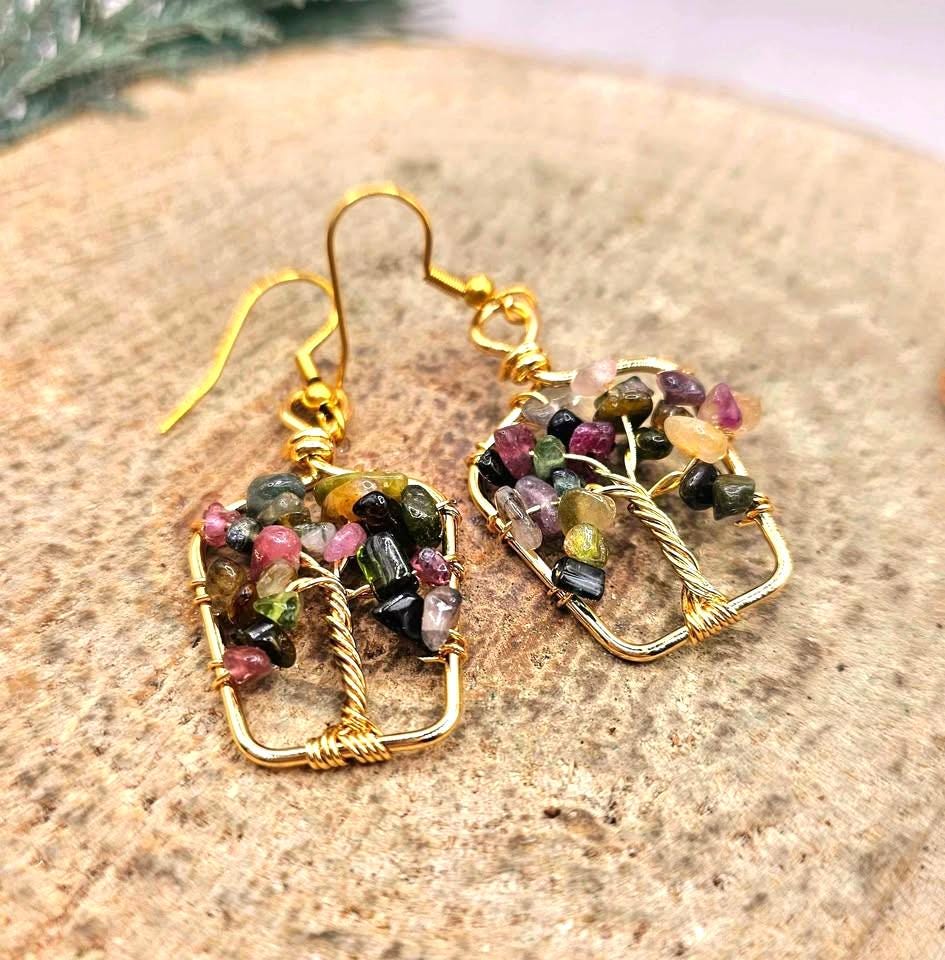 Nature Tourmaline Chips Tree of Life Earring
