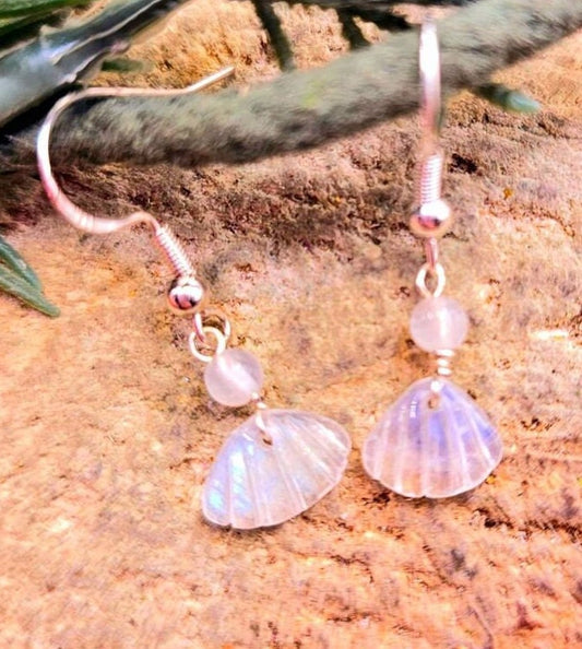 Beautiful Nature Moonstone Flashy Hand Carved Shell S925 Dangle Earring
