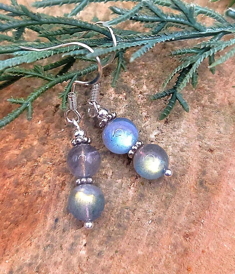 Flashy Nature Labradorite Double Round Beads Dangle Earring