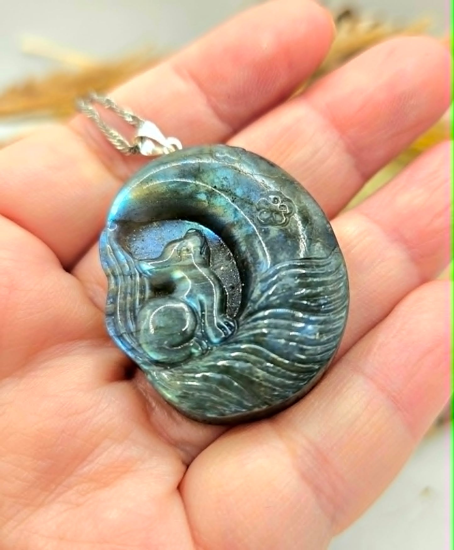 Labradorite nine tails fox and moon pendant necklace size reference — My Aura Gemstones