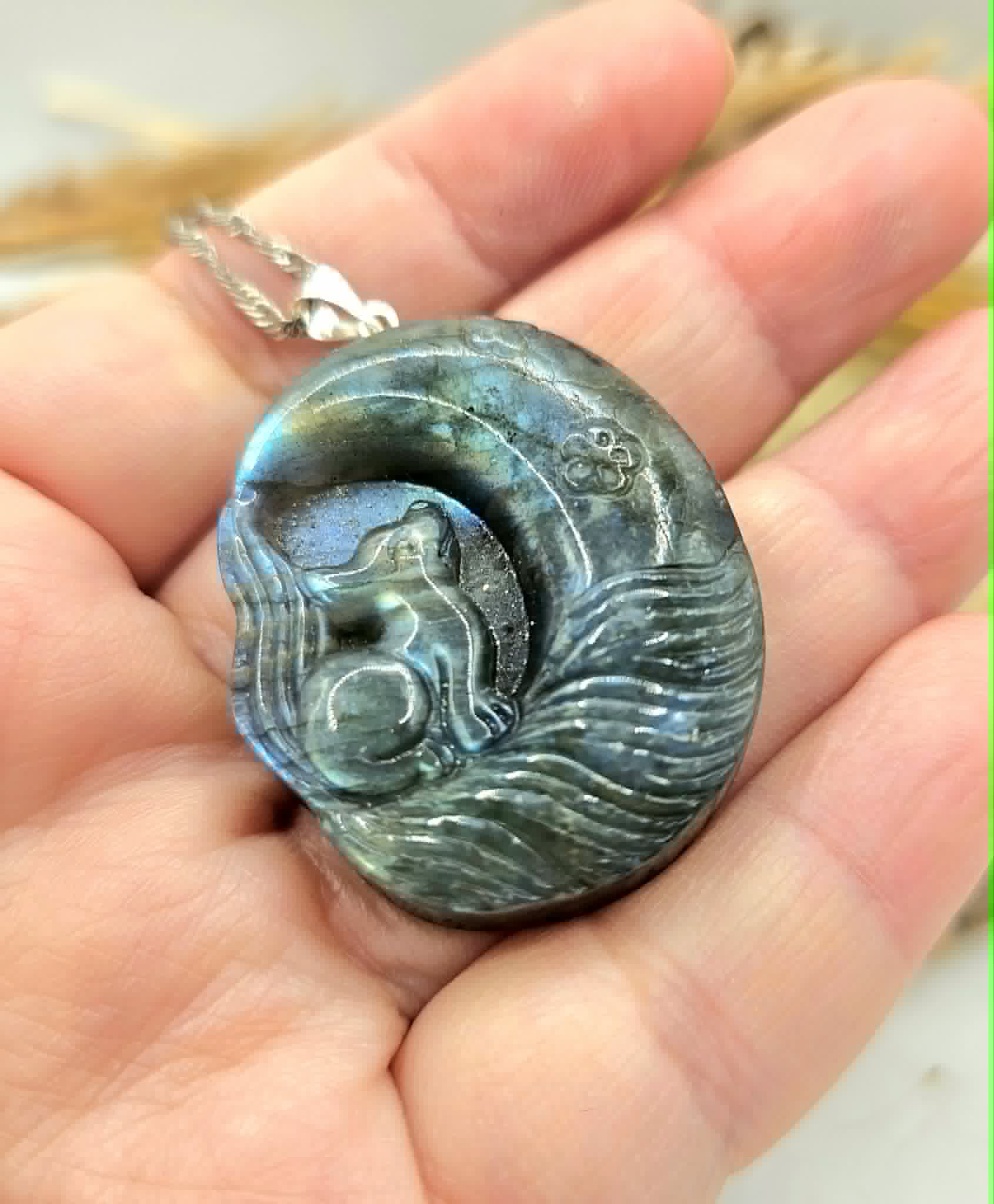 Labradorite nine tails fox and moon pendant necklace size reference — My Aura Gemstones