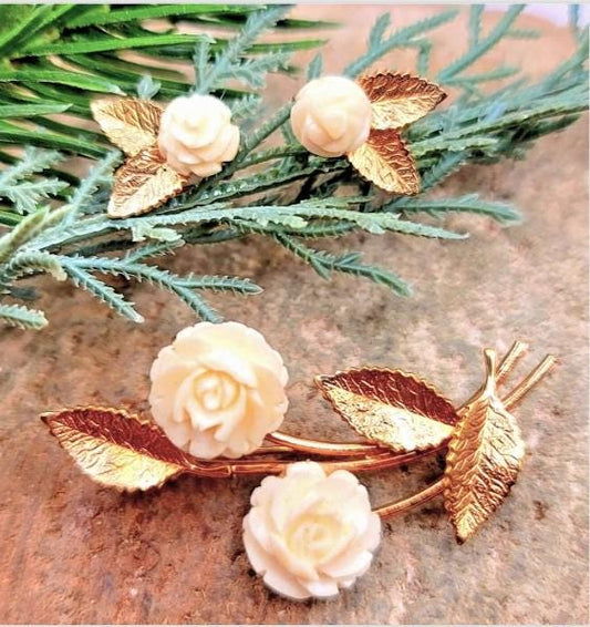 14K Gold Filled AMCO Floral Leaf Rose Brooch & Screw Back Earring