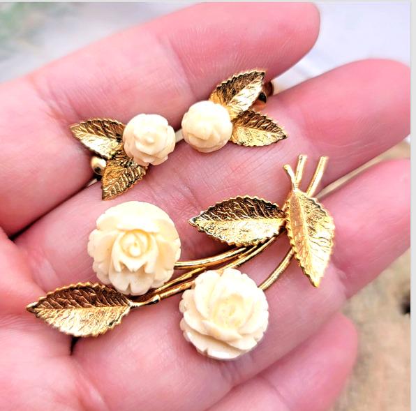14K Gold Filled AMCO Floral Leaf Rose Brooch & Screw Back Earring