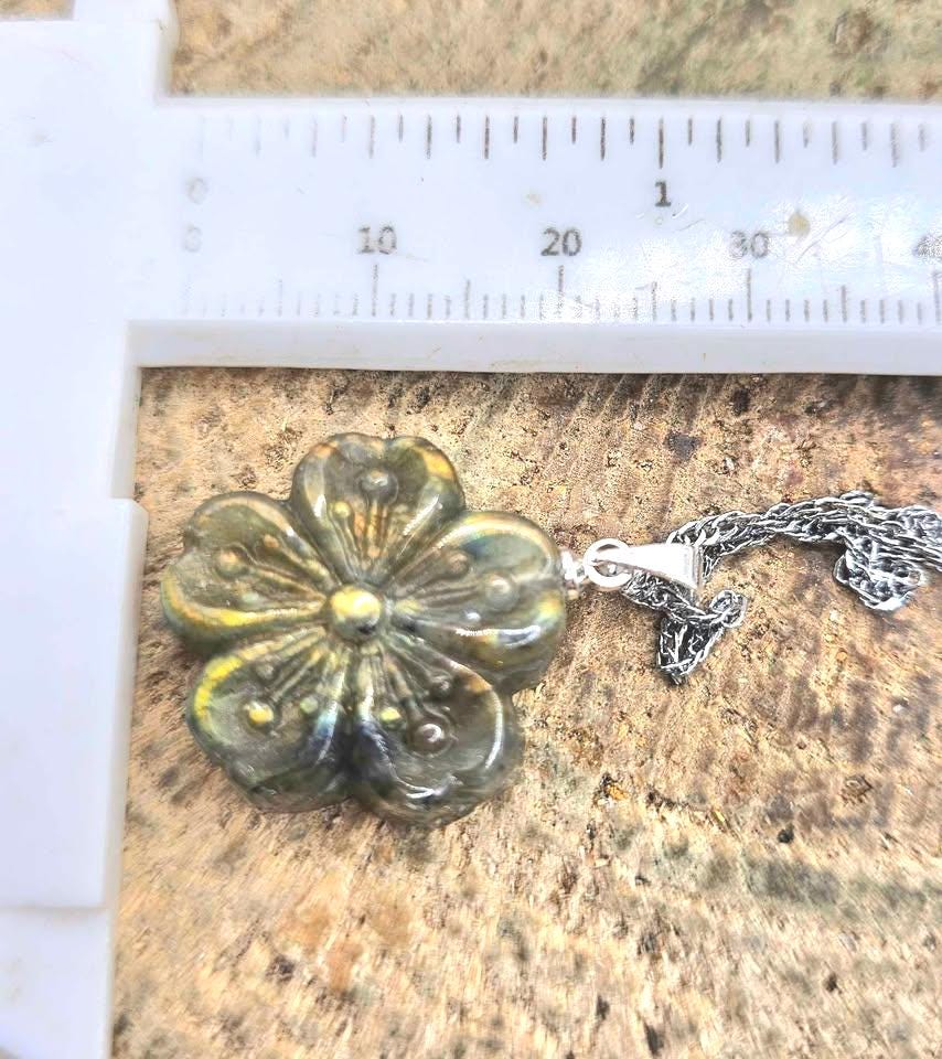 Nature Labradorite Carved Flashy Cherry Blossom Pendant Necklace