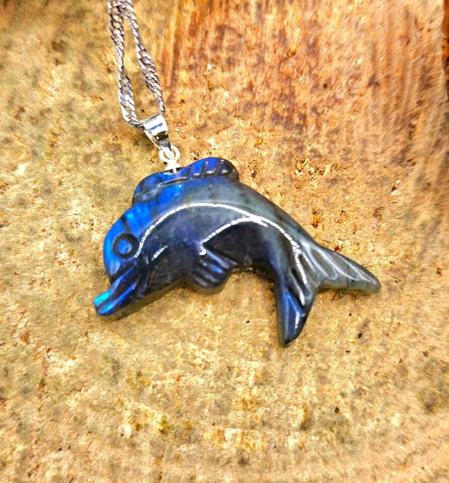 Nature Labradorite Carved Flashy Cute Dolphin Pendant Necklace