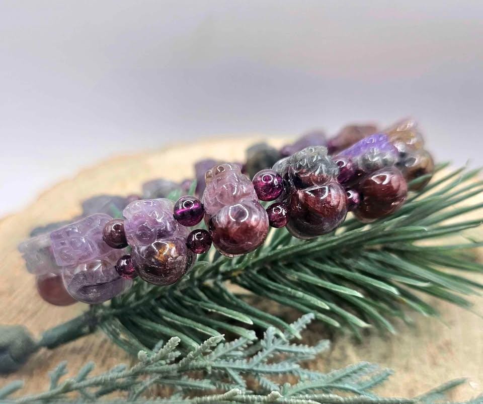 Rare Nature Auralite 23 Hand Carved Pi Xiu Purple Garnet Feng Shui Bracelet
