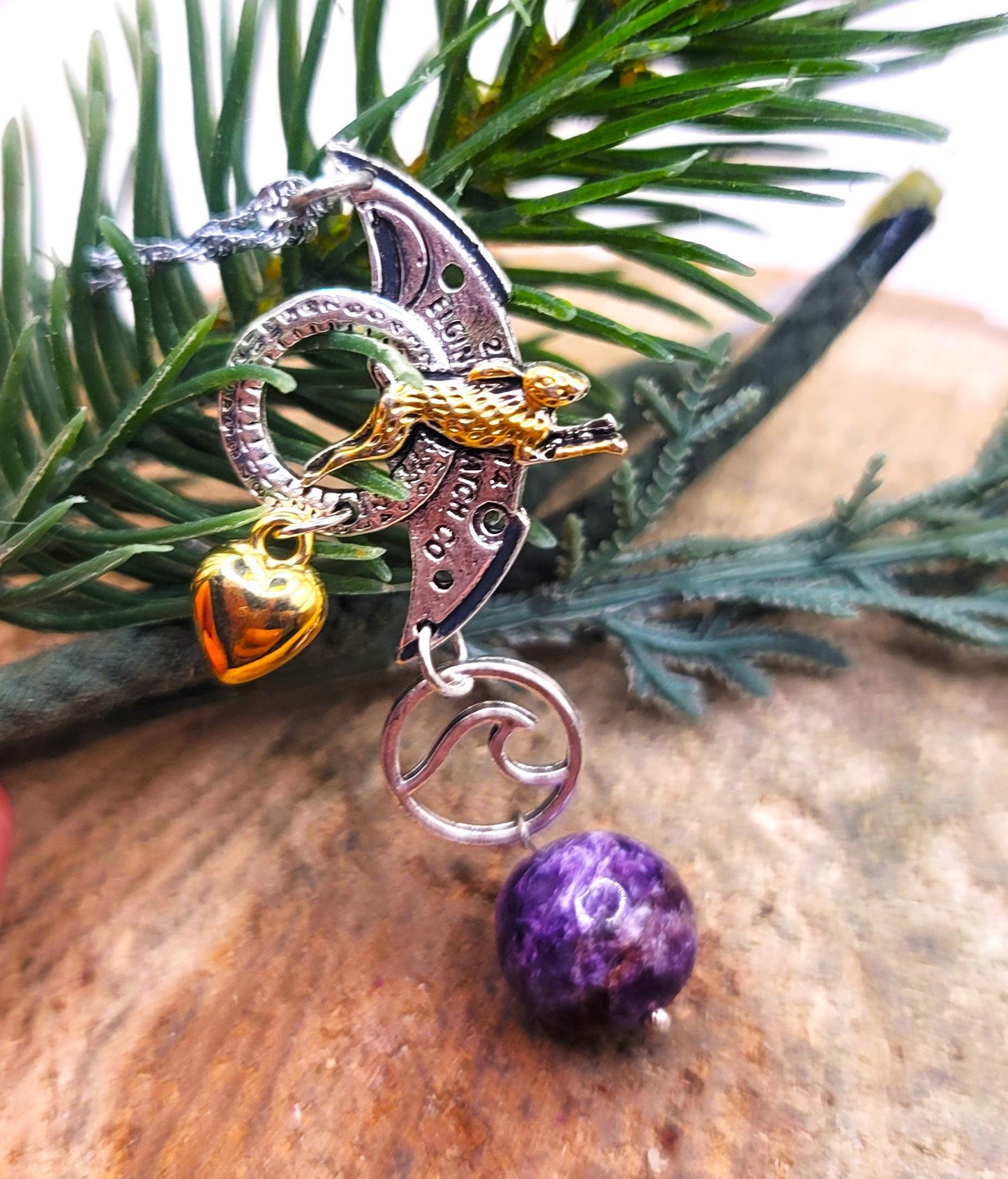 Nature Purple Charoite With Flying Rabbit Charm Pendant Necklace
