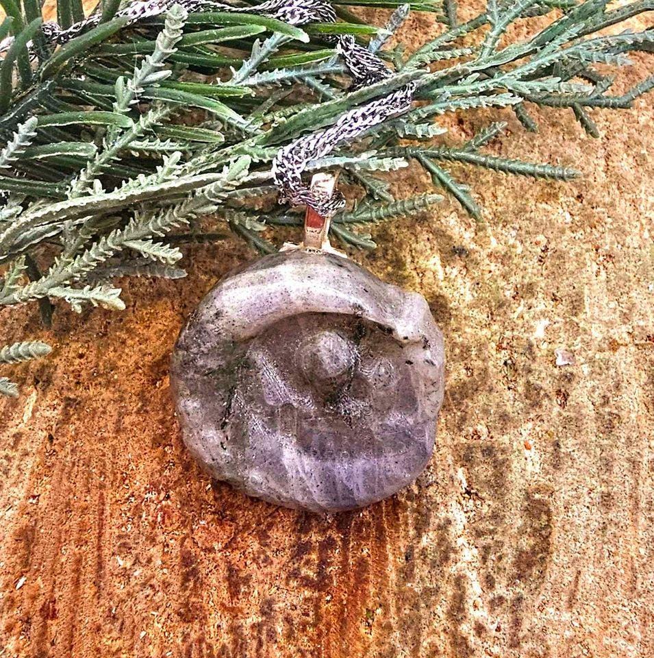 Nature Labradorite Rainbow Flash Hand Carved Castle On Moon Pendant Necklace