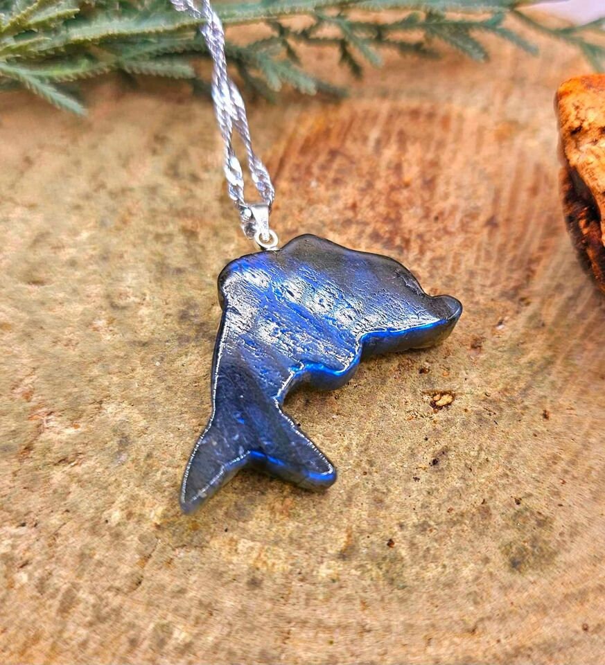 Nature Labradorite Carved Flashy Cute Dolphin Pendant Necklace