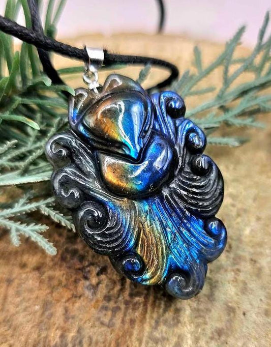 Nature Labradorite Carved Flying Nine Tails Fox Pendant Necklace