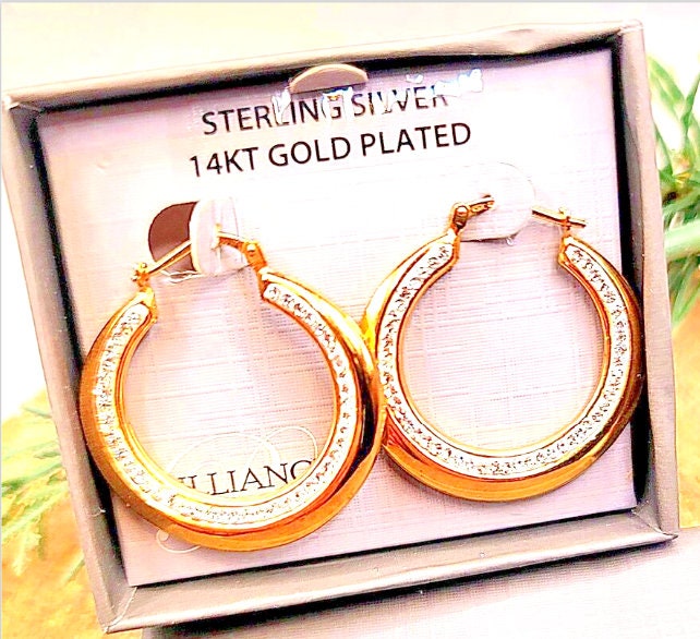 New In Box 14k Gold Plated Sterling Silver White Enamel Hoop Earrings