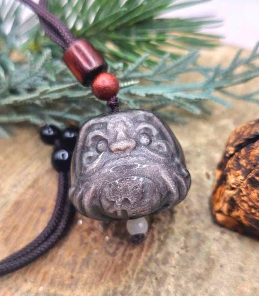Nature Silver Obsidian Cat Eye Flash Daruma Doll Pendant Necklace