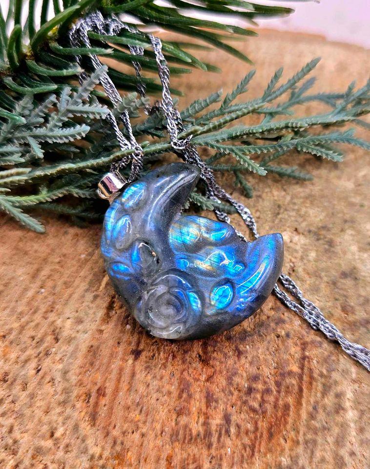 Nature Labradorite Flashy Sleeping Rabbit On Blossom Moon Pendant Necklace