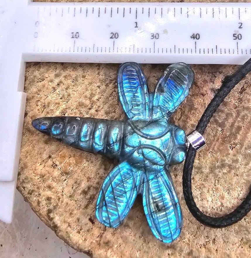Nature Labradorite Carved Flashy Dragonfly Pendant Necklace