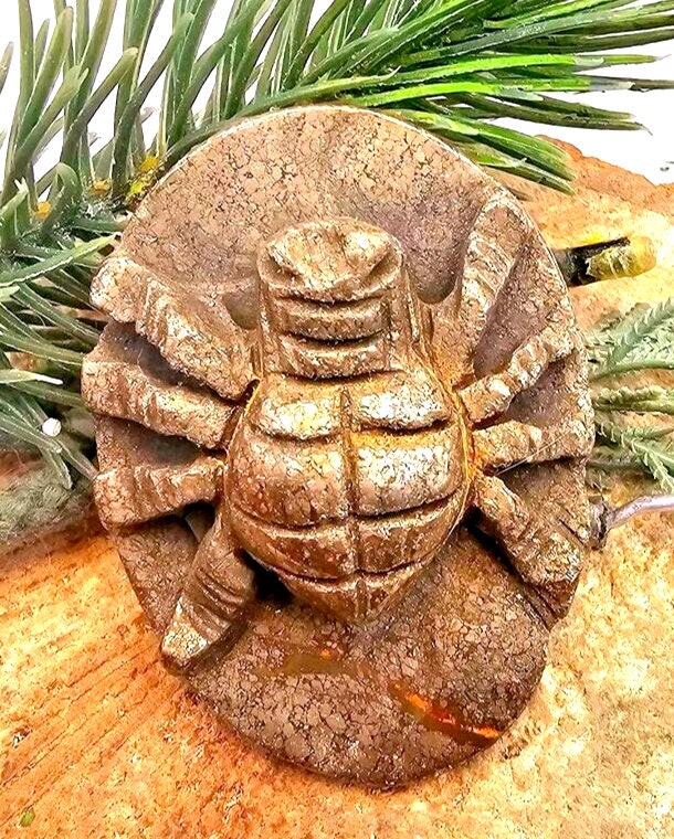 Unique Nature Gold Pyrite Hand Carved Spider Plaque Decor