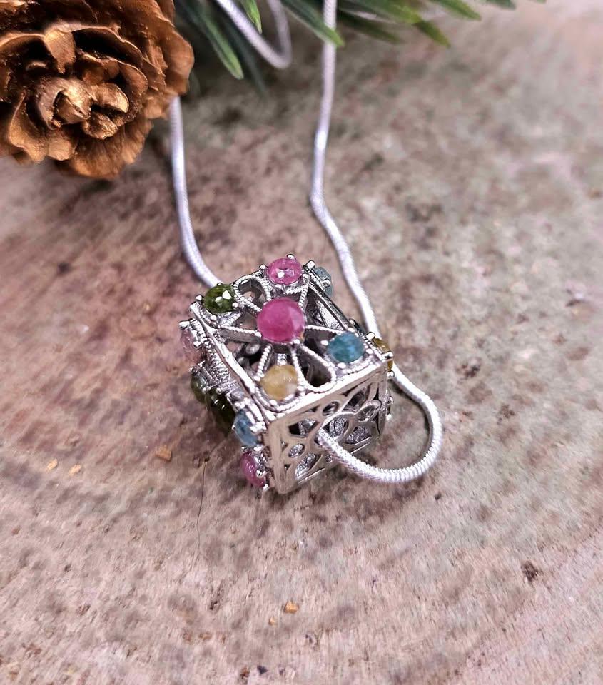 Nature Rainbow Faceted Tourmaline Rectangular Cage Pendant Necklace