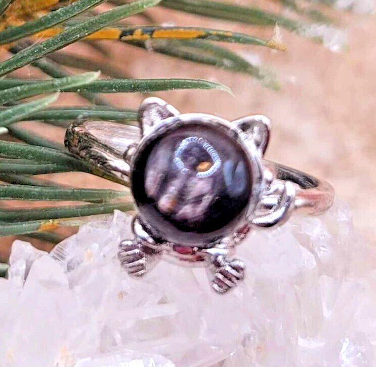 Adorable Nature Hypersthene Cat Eye Flash Silver Cat Design Adjustable Ring