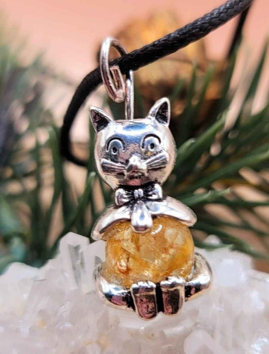 Unique Nature Rutilated Sphere Funny Cat Pendant Necklace