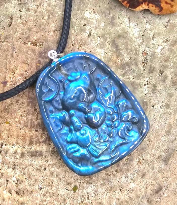 Nature Labradorite Lucky Cat On Carp Pendant Necklace