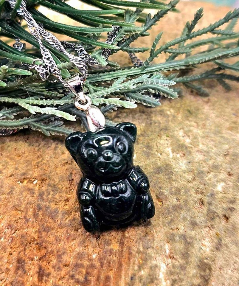 Certified Nature Dark Jade Carved Cute Bear With Bow Pendant Necklace