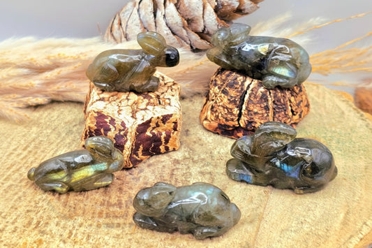 Five polished nature labradorite  hand carved rabbit figurines displayed on a natural wood slice, with a pinecone and dried grass in the background.