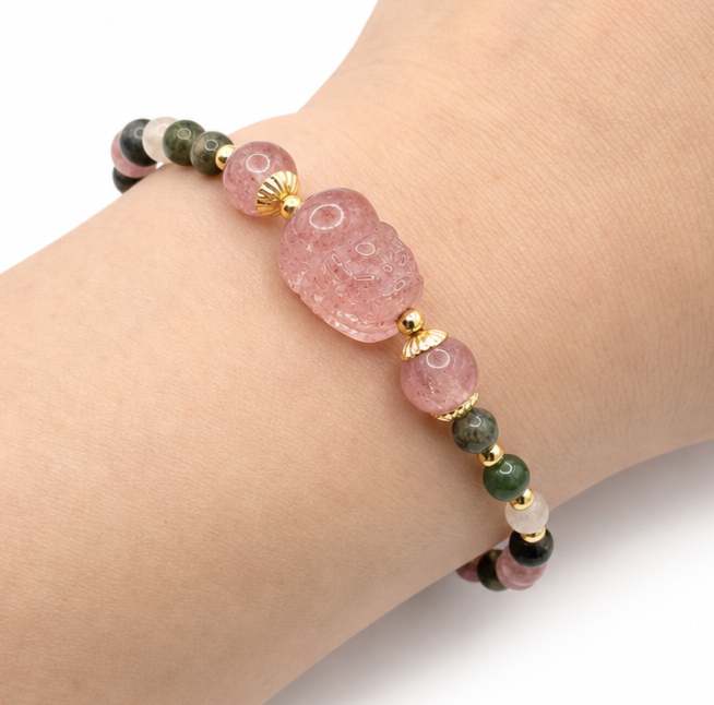 Natural rainbow tourmaline bracelet with strawberry quartz Pi Xiu-My Aura Gemstones