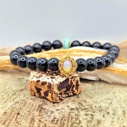 Black Obsidian Bracelet with Turquoise Donut and Gold Opal Charm