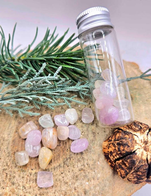 Bottle of natural kunzite polished stone crystal chips — My Aura Gemstones