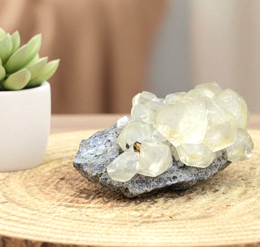 Calcite crystal cluster with pyrite on a sparkling dark matrix 