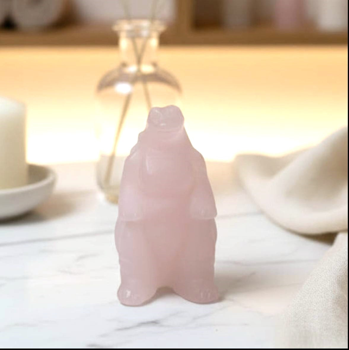 Rose quartz gorilla‑inspired figurine, light pink carving with detailed body, spine, and tail, 2.4" crystal sculpture-My Aura Gemstones