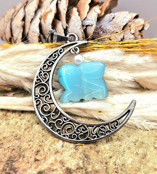Beautiful hanging cat eye stone rabbit with moon crystal pendant necklace — My Aura Gemstones