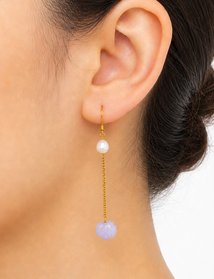 Jade pig dangle earrings close-up carving detail — My Aura Gemstones