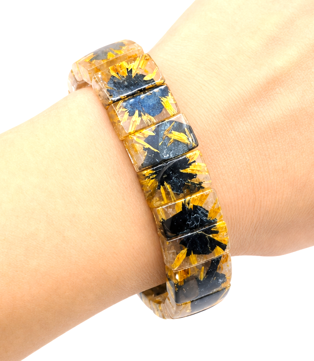 Gold rutilated quartz titanium rectangular beads bracelet stone close-up — My Aura Gemstones