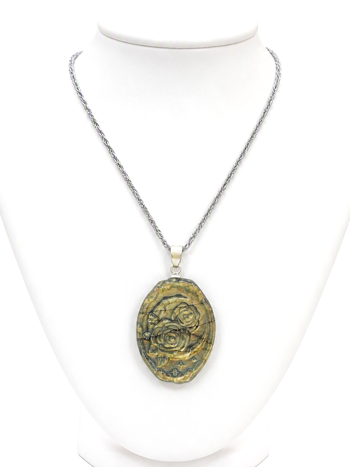 Natural Labradorite Carved Roses and Moon Pendant Necklace