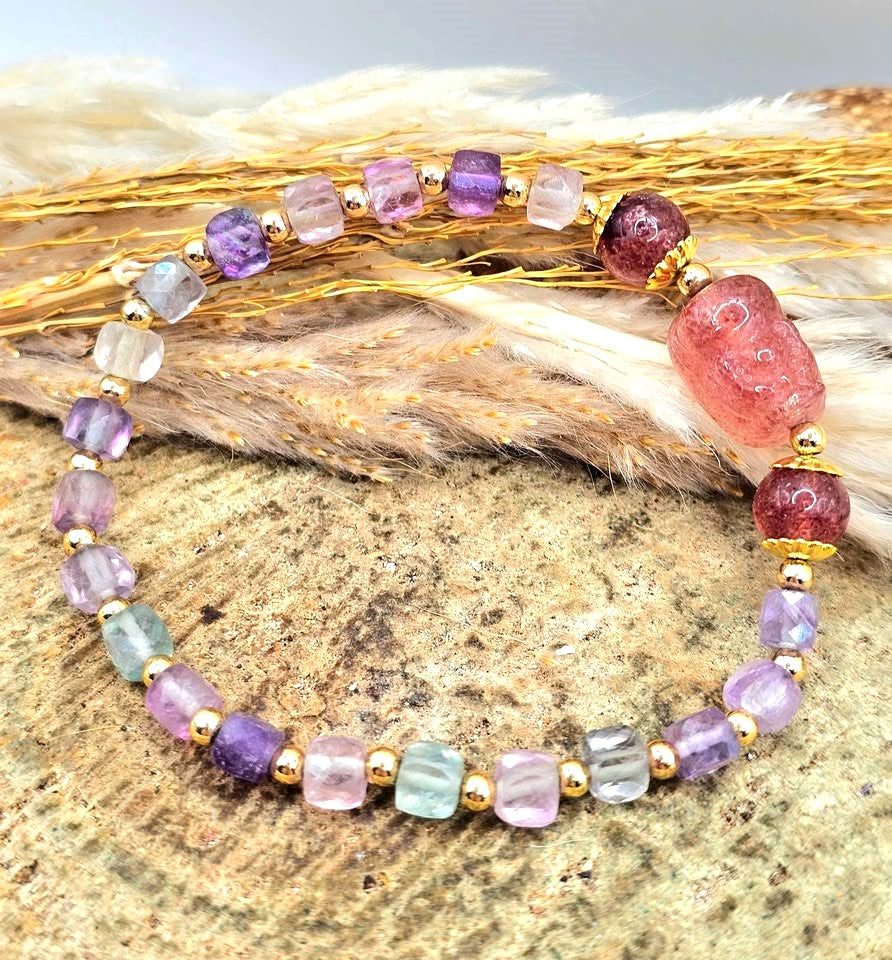Natural mixed colors fluorite strawberry quartz Pi Xiu feng shui bracelet — My Aura Gemstones