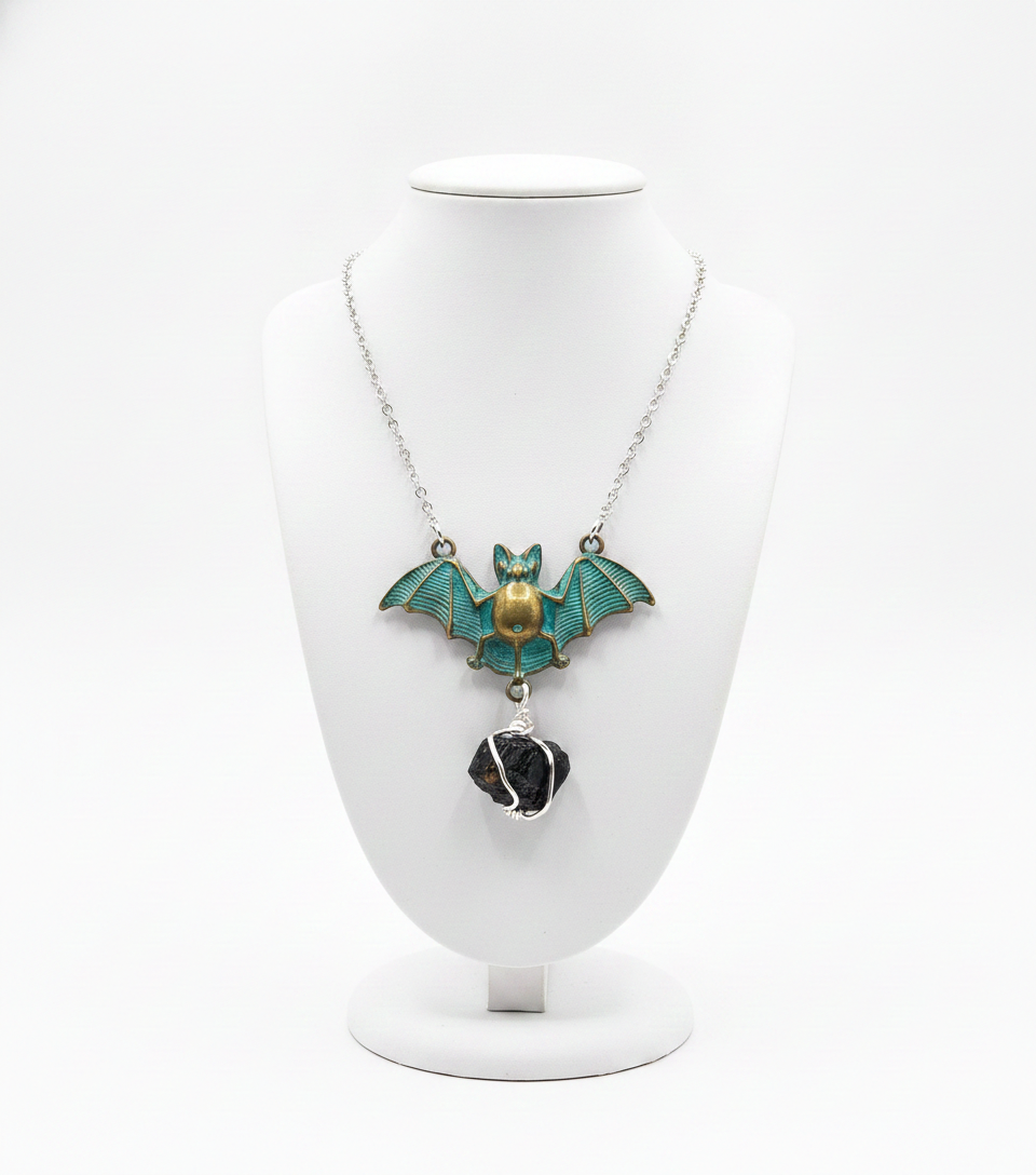 Black tourmaline flying bat pendant detail, part of the Protection & Grounding Duo - My Aura Gemstones