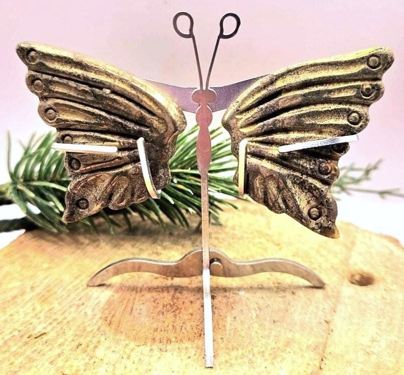Natural gold pyrite butterfly wings decor with metal stand — My Aura Gemstones