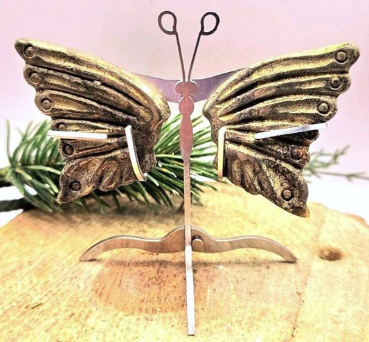 Natural gold pyrite butterfly wings decor with metal stand — My Aura Gemstones