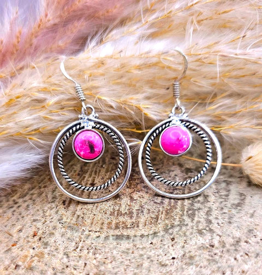 Hot pink stone double loop 925 sterling silver dangle earrings — My Aura Gemstones