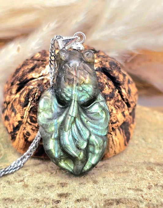 Labradorite carved flashy goldfish crystal pendant necklace — My Aura Gemstones