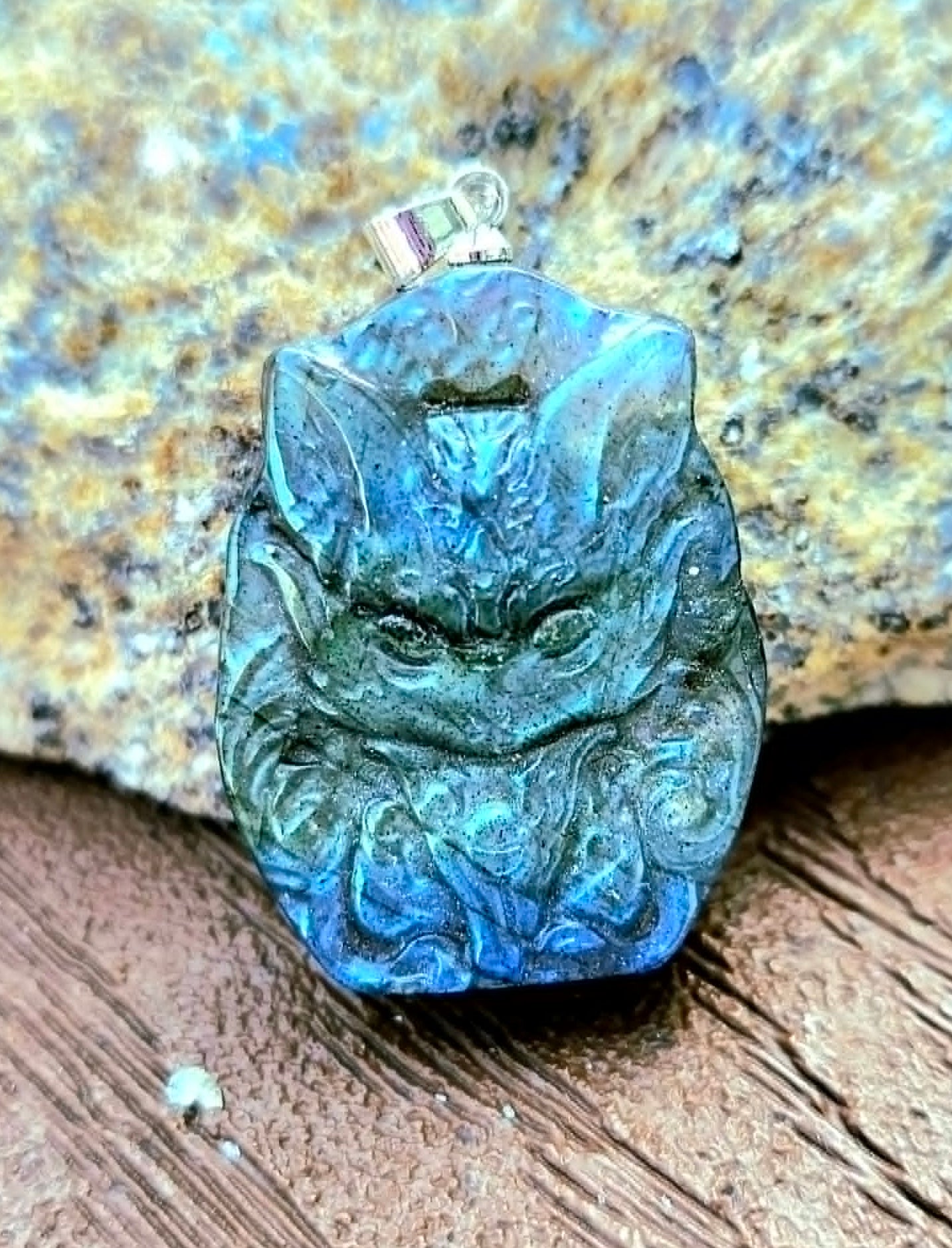 Labradorite Carved Nine Tails Fox Pendant-My Aura Gemstones