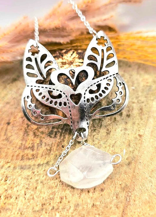Metal fox head with hanging rose quartz crystal pendant necklace — My Aura Gemstones