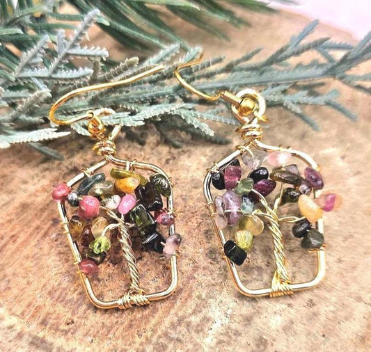 Natural mixed tourmaline chips tree of life dangle earrings — My Aura Gemstones