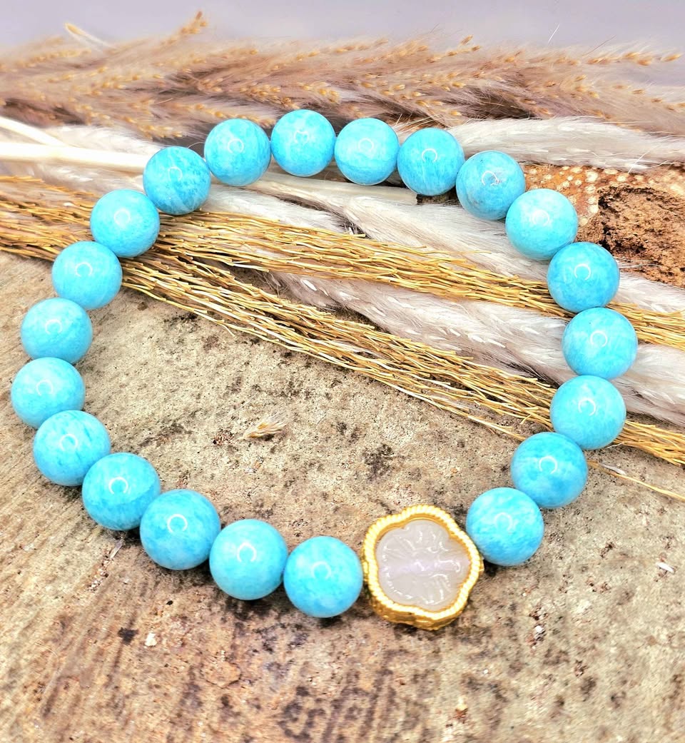 Natural Amazonite blue gemstone bracelet with gold cherry blossom charm-My Aura Gemstones